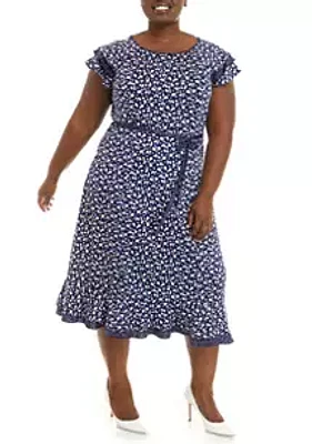 Perceptions Plus Triple Ruffle Dot Printed Midi Fit and Flare Dress