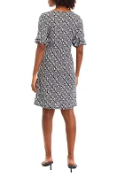 Women's Frill Short Sleeve Round Neck Medallion Print A-Line Dress