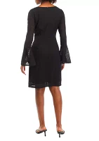 Women's Long Sleeve Crew Neck Solid Lace Sheath Dress