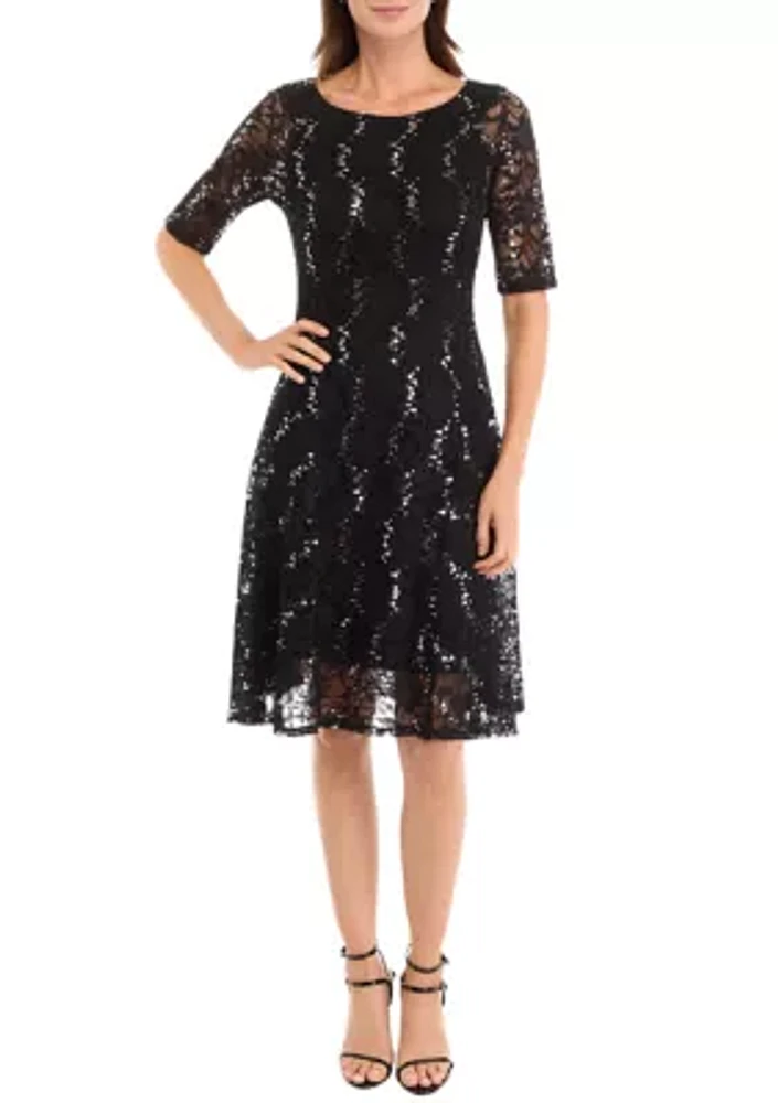 Women's Elbow Sequin Lace Fit and Flare Dress