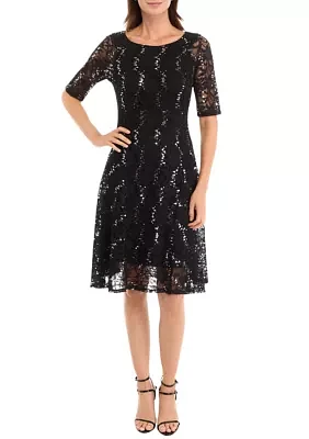 Women's Elbow Sequin Lace Fit and Flare Dress