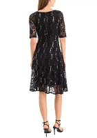 Women's Elbow Sequin Lace Fit and Flare Dress