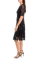 Women's Elbow Sequin Lace Fit and Flare Dress