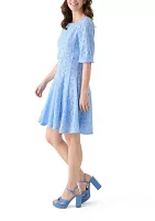 Women's Elbow Sleeve Crew Neck Solid Lace A-Line Dress