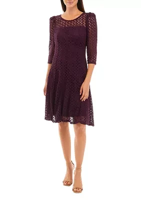 Women's 3/4 Sleeve Solid Lace Fit and Flare Dress