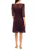 Women's 3/4 Sleeve Solid Lace Fit and Flare Dress