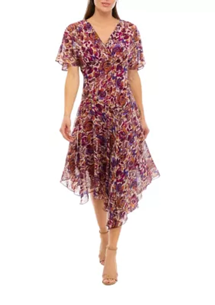 Women's Flutter Sleeve V-Neck Hanky Hem Printed Dress