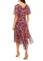 Women's Flutter Sleeve V-Neck Hanky Hem Printed Dress