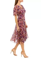 Women's Flutter Sleeve V-Neck Hanky Hem Printed Dress