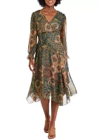 Women's Long Sleeve V-Neck Abstract Print Metallic Chiffon Fit and Flare Dress