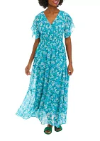 Women's Short Sleeve Surplice Mini Floral Print Chiffon Maxi Dress