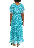 Women's Short Sleeve Surplice Mini Floral Print Chiffon Maxi Dress