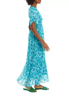 Women's Short Sleeve Surplice Mini Floral Print Chiffon Maxi Dress