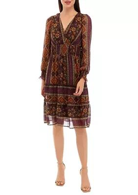 Women's Long Sleeve Border Print Chiffon Midi Dress