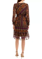 Women's Long Sleeve Border Print Chiffon Midi Dress