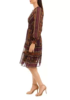 Women's Long Sleeve Border Print Chiffon Midi Dress