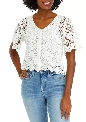 Women's Short Sleeve Square Crochet One Button Shrug