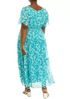 Plus Short Flutter Sleeve V-Neck Floral Print Maxi Dress