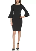 Women's 3/4 Boat Neck Bell Sleeve Scuba Sheath Dress