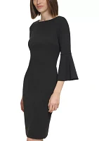 Women's 3/4 Boat Neck Bell Sleeve Scuba Sheath Dress