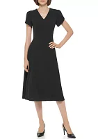 Women's Short Tulip Sleeve V-Neck Solid Fit and Flare Dress