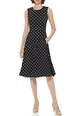 Women's Sleeveless Round Neck Dot Print Fit & Flare Dress