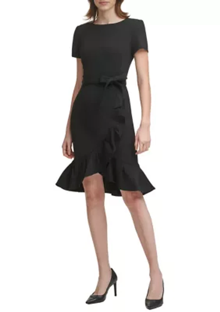 Women's Short Sleeve Boat Neck Tie Wrap Waist Ruffle Skirt Solid Fit and Flare