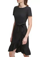 Women's Short Sleeve Boat Neck Tie Wrap Waist Ruffle Skirt Solid Fit and Flare