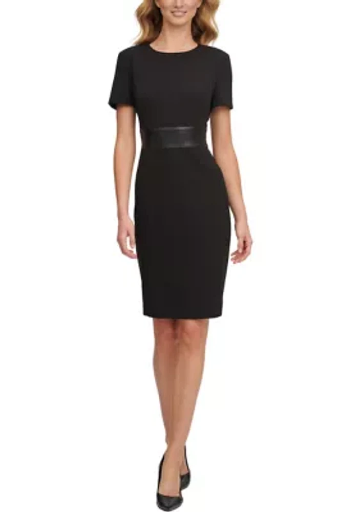 Women's Short Sleeve Boat Neck Belted Solid Sheath Dress