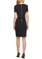 Women's Short Sleeve Boat Neck Belted Solid Sheath Dress