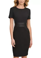 Women's Short Sleeve Boat Neck Belted Solid Sheath Dress