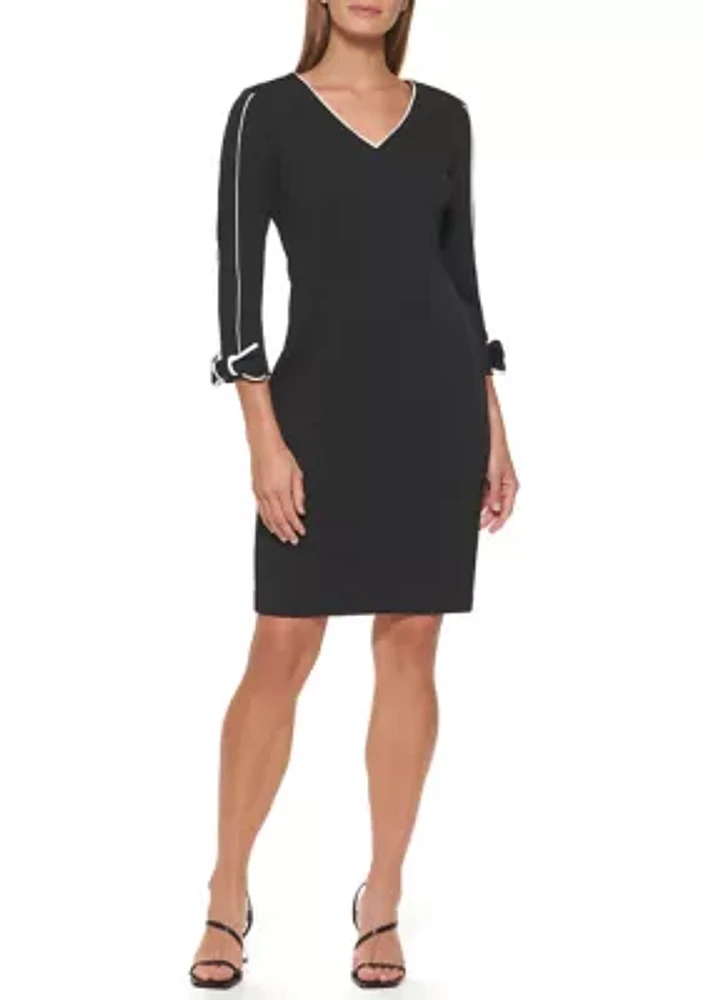 Women's 3/4 Sleeve V-Neck Lined Scuba Sheath Dress