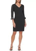 Women's 3/4 Sleeve V-Neck Lined Scuba Sheath Dress