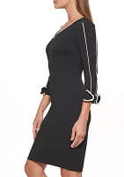 Women's 3/4 Sleeve V-Neck Lined Scuba Sheath Dress