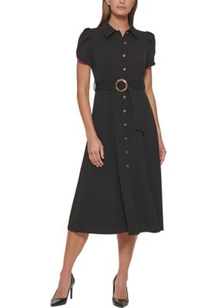 Women's Short Sleeve Collar Neck Belted Midi Fit and Flare Dress