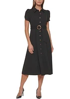 Women's Short Sleeve Collar Neck Belted Midi Fit and Flare Dress