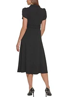 Women's Short Sleeve Collar Neck Belted Midi Fit and Flare Dress