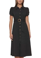 Women's Short Sleeve Collar Neck Belted Midi Fit and Flare Dress