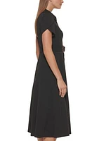 Women's Short Sleeve Collar Neck Belted Midi Fit and Flare Dress