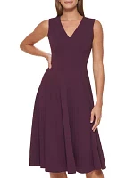 Women's Sleeveless V-Neck Solid Fit and Flare Midi Dress