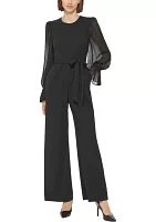 Women's Blouson Sleeve Crew Neck Belted Jumpsuit