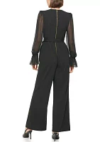 Women's Blouson Sleeve Crew Neck Belted Jumpsuit