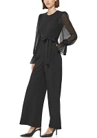 Women's Blouson Sleeve Crew Neck Belted Jumpsuit