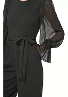 Women's Blouson Sleeve Crew Neck Belted Jumpsuit