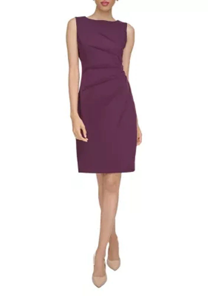 Women's Sleeveless Round Neck Ruched Solid Sheath Dress