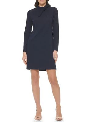 Women's Long Sleeve Crew Neck Faux Leather Shift Dress