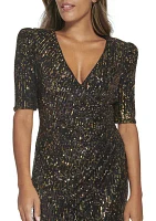 Women's Short Sleeve V-Neck Sequin Sheath Dress