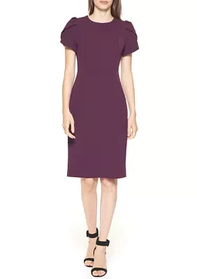 Women's Short Sleeve Puff Shoulder Solid Sheath Dress