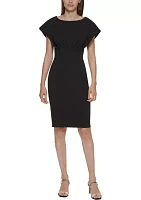 Women's Short Sleeve Boat Neck Fitted Waist Solid Sheath Dress