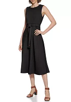 Women's Sleeveless Round Neck Tie Waist Midi Fit and Flare Dress